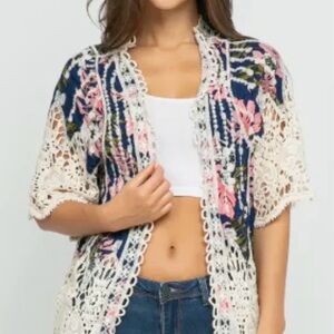 Anthropoligie Raj Lace Trim Floral Cardigan in Cream and Blue